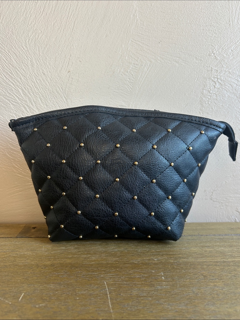 Unbranded Black Diamond Quilted Goldtone Metallic Studded Cosmetic Pouch.